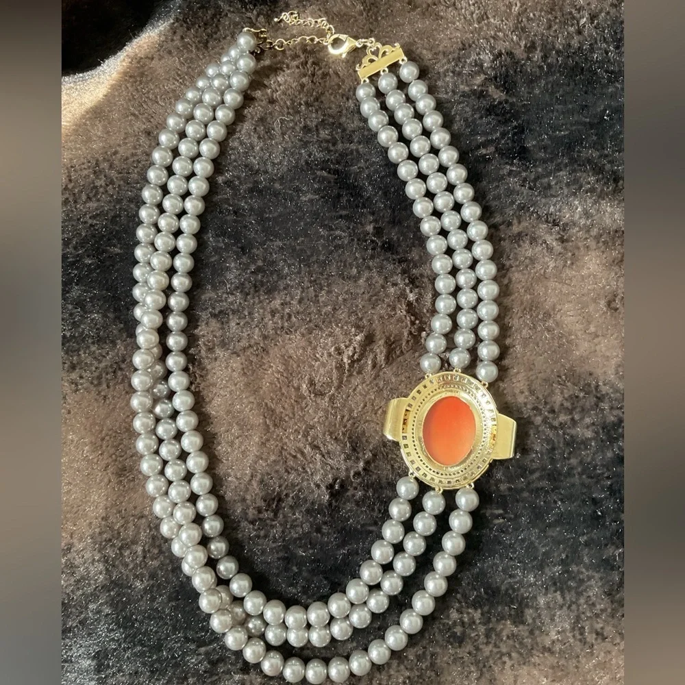 Amedeo Cameo Triple Strand Faux Pearl Necklace